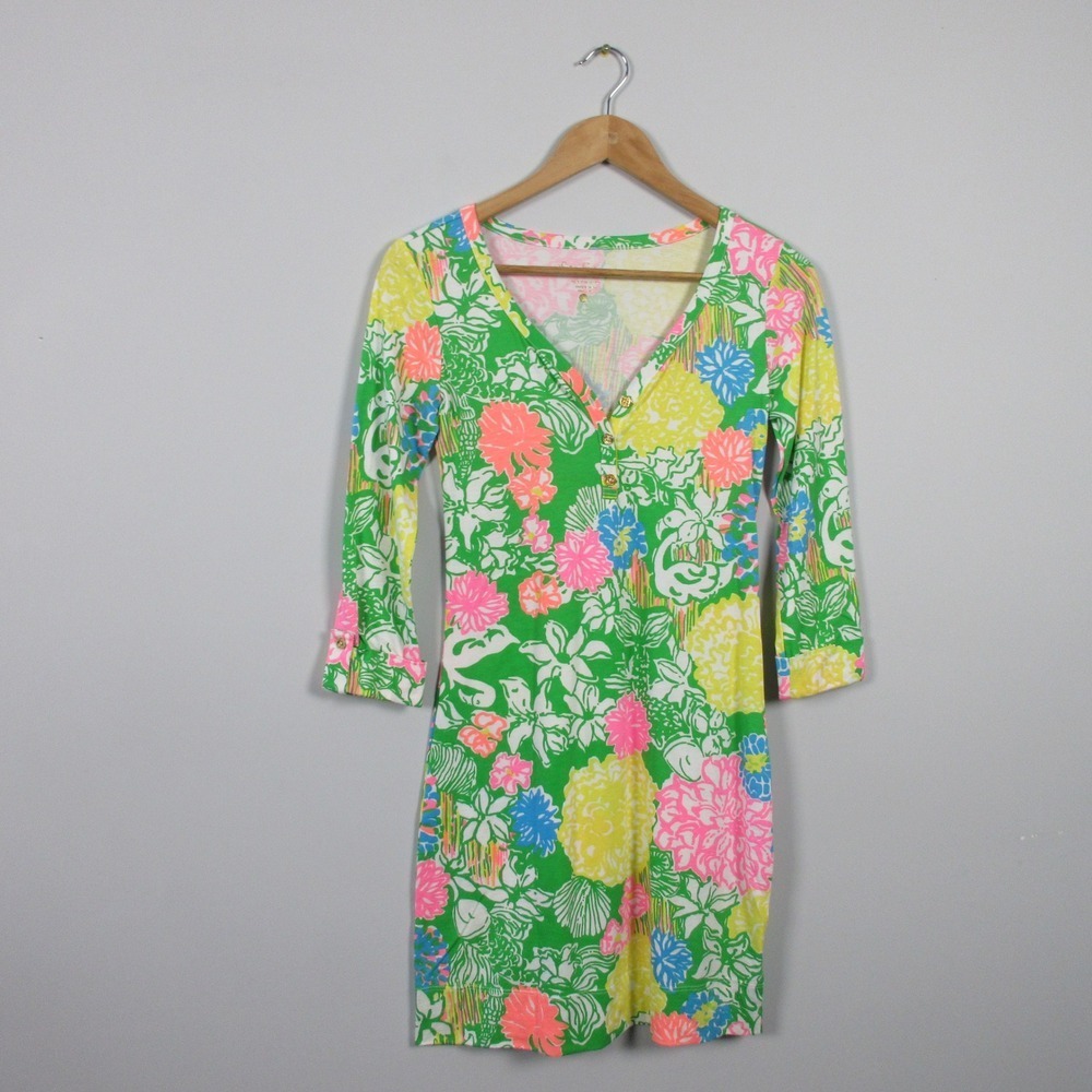 Lilly Pulitzer Floral V-Neck Shift Dress XXS Green 100% Pima Cotton Resort 192